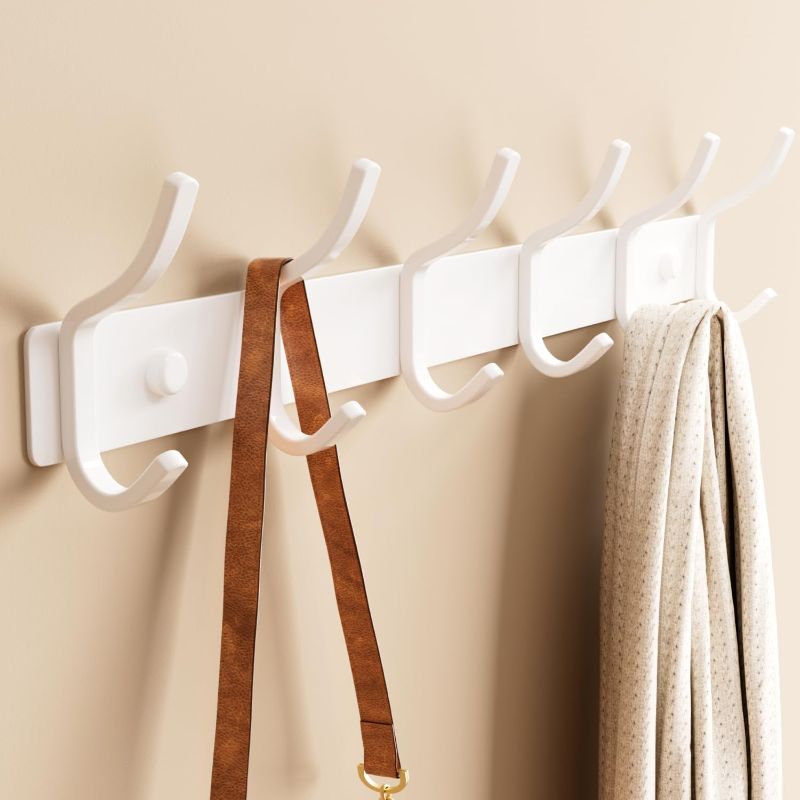Photo 1 of White Coat Rack Wall Mount - 15 Inch Arc Shaped Design with 6 Hooks for Hanging Coats, Bags, and Towels in Entryway, Livingroom, Bedroom, Bathroom, and Kitchen, 1 Pack
