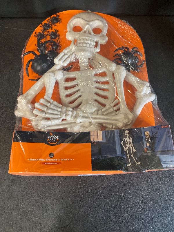 Photo 1 of Hyde and Eek! 38" Poseable Skeleton, Spiders & Spiderweb Halloween 11 Piece Prop Kit
