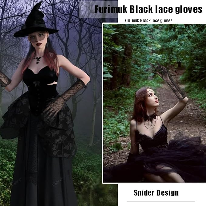 Photo 1 of SIZE OSFM BOO Spider Web Witch Gloves Halloween Black Lace Gloves Elbow Long Mesh Gloves for Women Halloween Party Cosplay Costume Accessories