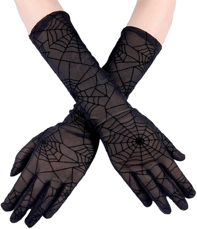 Photo 1 of SIZE OSFM BOO Spider Web Witch Gloves Halloween Black Lace Gloves Elbow Long Mesh Gloves for Women Halloween Party Cosplay Costume Accessories