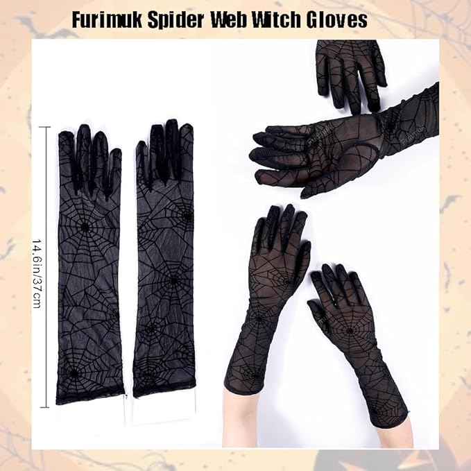 Photo 1 of SIZE OSFM BOO Spider Web Witch Gloves Halloween Black Lace Gloves Elbow Long Mesh Gloves for Women Halloween Party Cosplay Costume Accessories
