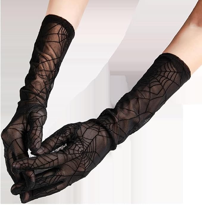 Photo 1 of SIZE OSFM BOO Spider Web Witch Gloves Halloween Black Lace Gloves Elbow Long Mesh Gloves for Women Halloween Party Cosplay Costume Accessories