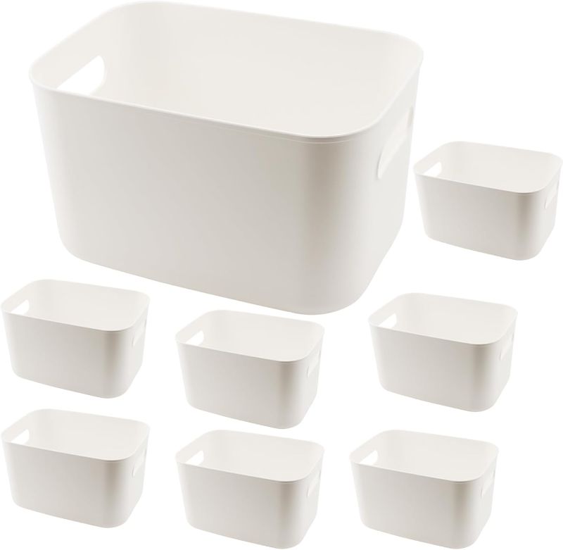 Photo 1 of 8 Pack White Storage Bin with Handles, 10 x 7 x 6.3 Inch Plastic Bathroom Kitchen Organizer Bins for Hand Soap, Shampoos, Hand Towel