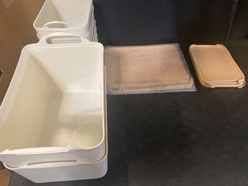 Photo 1 of 8 Pack White Storage Bin with Handles, 10 x 7 x 6.3 Inch Plastic Bathroom Kitchen Organizer Bins for Hand Soap, Shampoos, Hand Towel