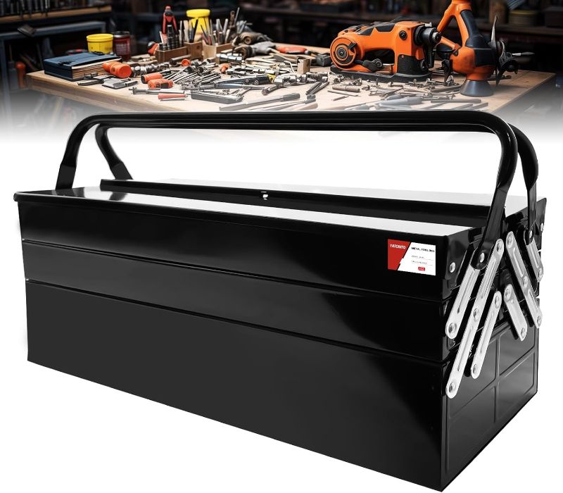 Photo 1 of Metal Cantilever Tool Box, 21" Fold Out Steel Tool Box with Handle 3-Tier 5 Tray, Portable Metal Tool Storage Box Organizers for Home Studio Auto Repair Factory