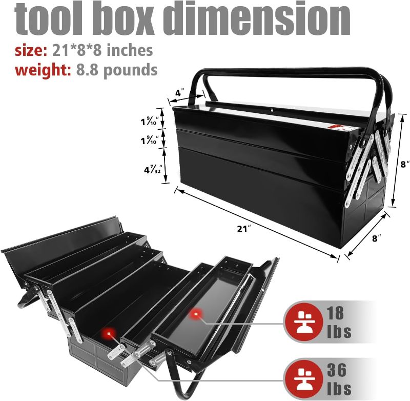 Photo 1 of Metal Cantilever Tool Box, 21" Fold Out Steel Tool Box with Handle 3-Tier 5 Tray, Portable Metal Tool Storage Box Organizers for Home Studio Auto Repair Factory