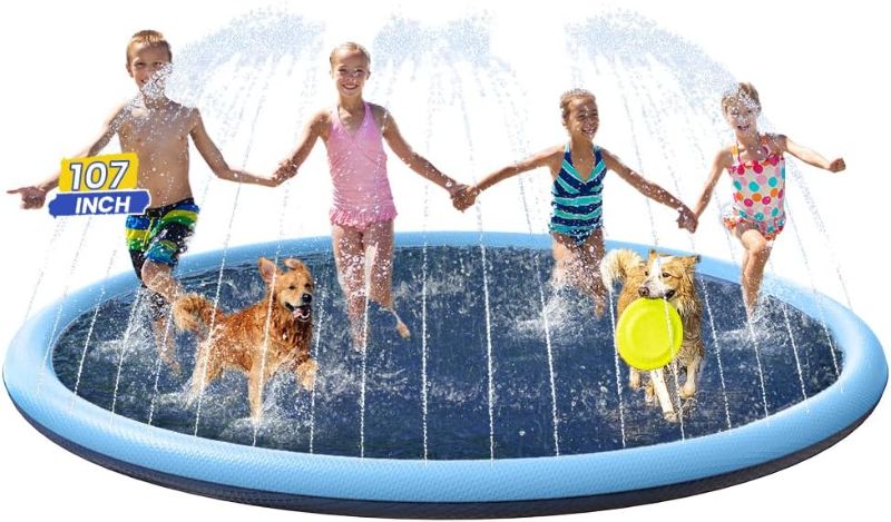 Photo 1 of 107 inch Splash Pad for Kids, Non Slip Water Sprinkler Pad Extra Large Thick Durable Toddler 4-8 3-5 1-3 Pets & Families, Backyard Splash Play Mat for Kiddie Children Baby Wading Pool Dogs Splash Pad