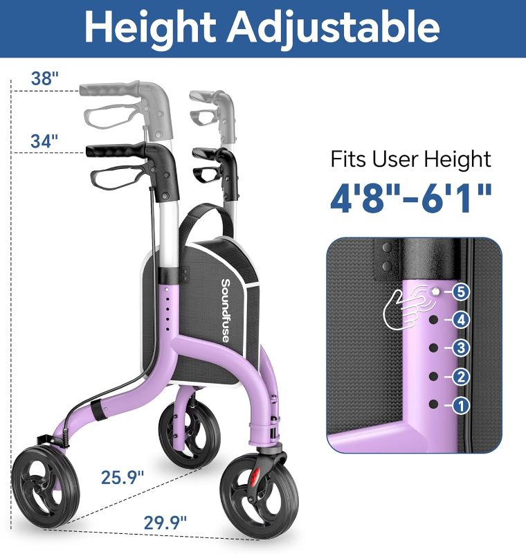 Photo 1 of 3 Wheel Walkers for Seniors, Lightweight Foldable Aluminum Rollator Walker, Height Adjustable Three Wheel Walker, Purple