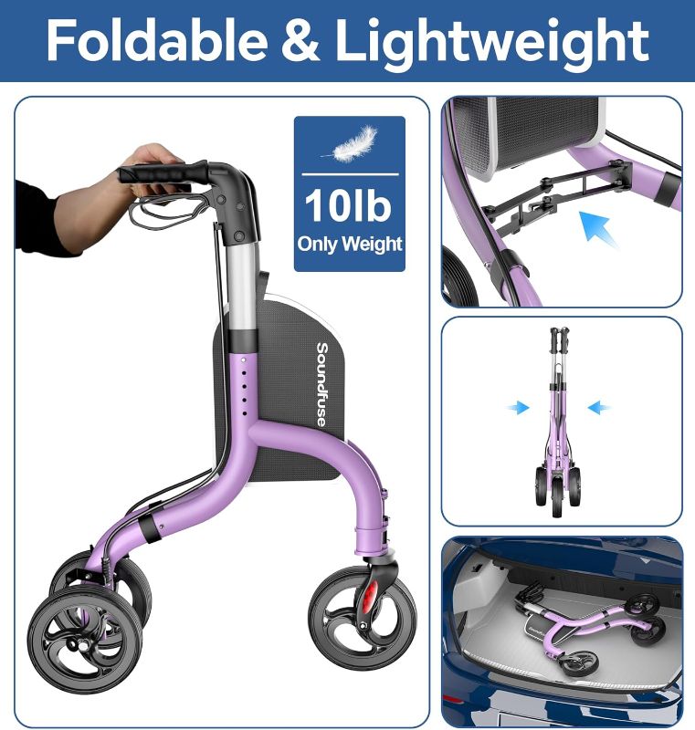 Photo 1 of 3 Wheel Walkers for Seniors, Lightweight Foldable Aluminum Rollator Walker, Height Adjustable Three Wheel Walker, Purple