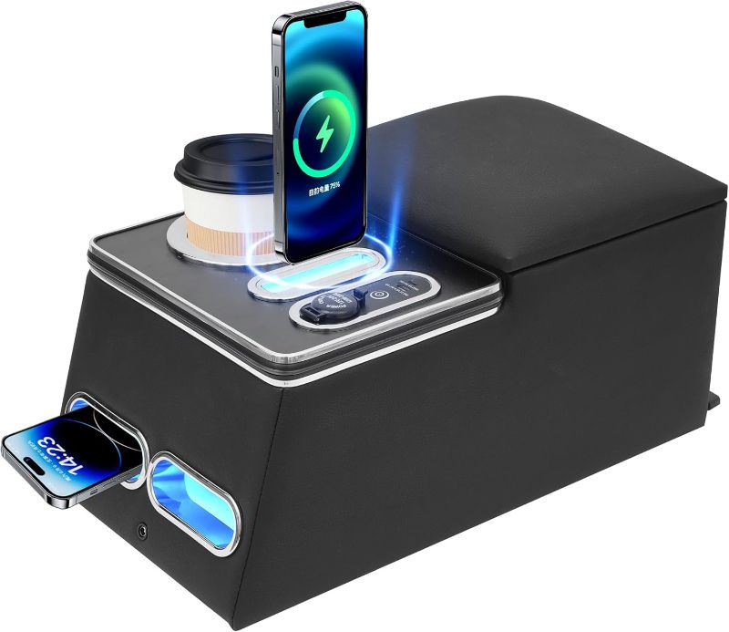 Photo 1 of Center Console Organizer with Inductive Charging Stand, Universal Center Console with Fast Charging, Back Bench Seat Armrest Middle Storage Box with Phone Holder and Cup Holder, 7-Color Mode