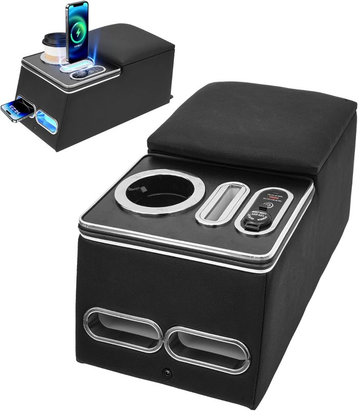 Photo 1 of Center Console Organizer with Inductive Charging Stand, Universal Center Console with Fast Charging, Back Bench Seat Armrest Middle Storage Box with Phone Holder and Cup Holder, 7-Color Mode