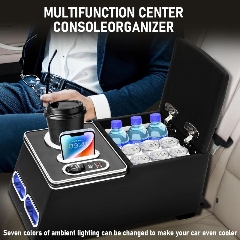 Photo 1 of Center Console Organizer with Inductive Charging Stand, Universal Center Console with Fast Charging, Back Bench Seat Armrest Middle Storage Box with Phone Holder and Cup Holder, 7-Color Mode