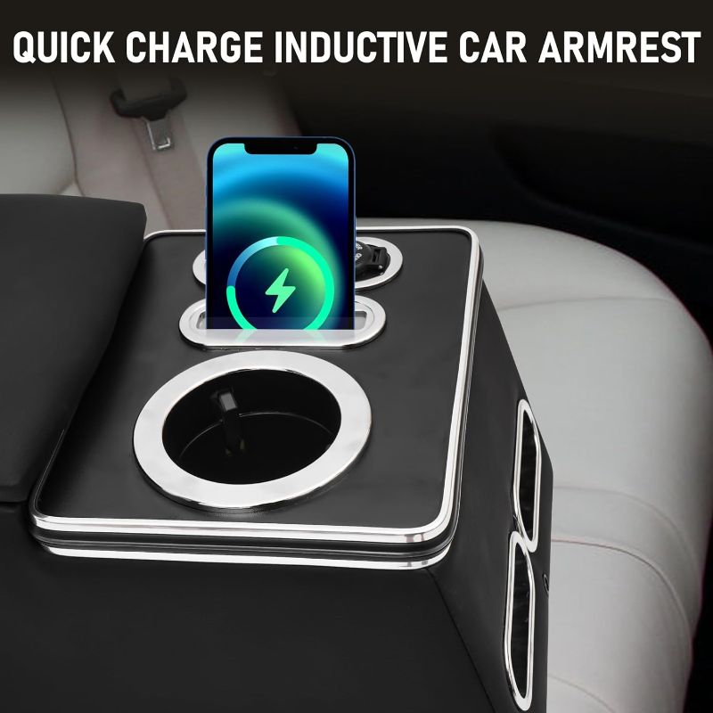 Photo 1 of Center Console Organizer with Inductive Charging Stand, Universal Center Console with Fast Charging, Back Bench Seat Armrest Middle Storage Box with Phone Holder and Cup Holder, 7-Color Mode