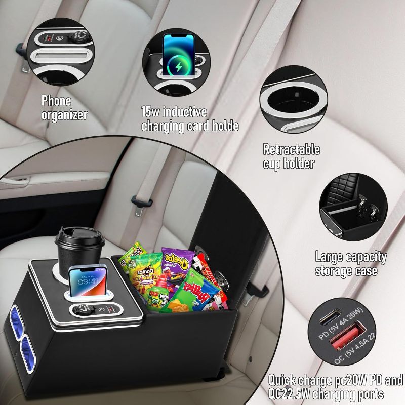 Photo 1 of Center Console Organizer with Inductive Charging Stand, Universal Center Console with Fast Charging, Back Bench Seat Armrest Middle Storage Box with Phone Holder and Cup Holder, 7-Color Mode