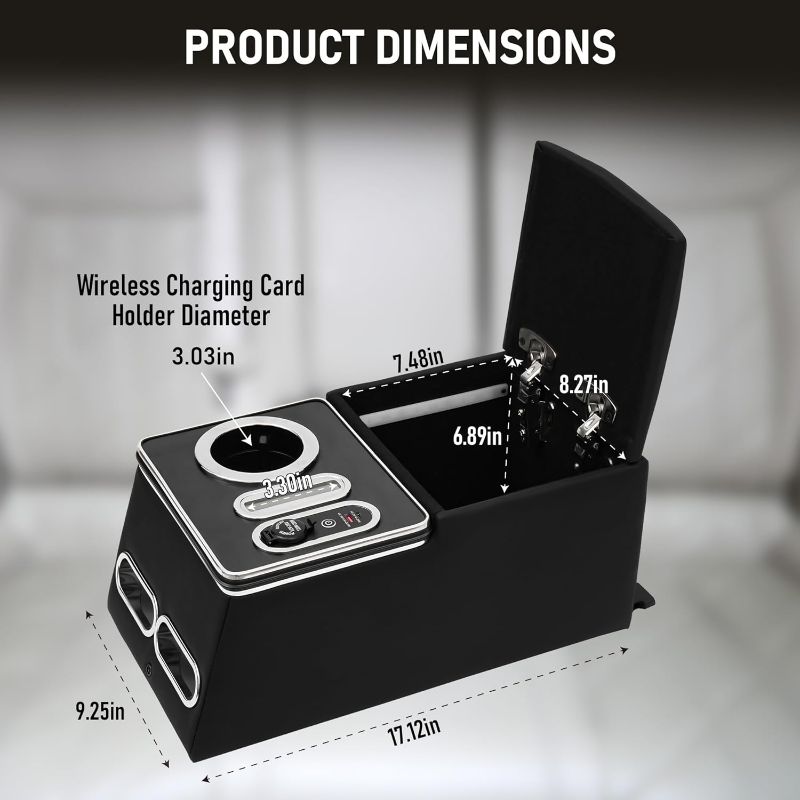 Photo 1 of Center Console Organizer with Inductive Charging Stand, Universal Center Console with Fast Charging, Back Bench Seat Armrest Middle Storage Box with Phone Holder and Cup Holder, 7-Color Mode
