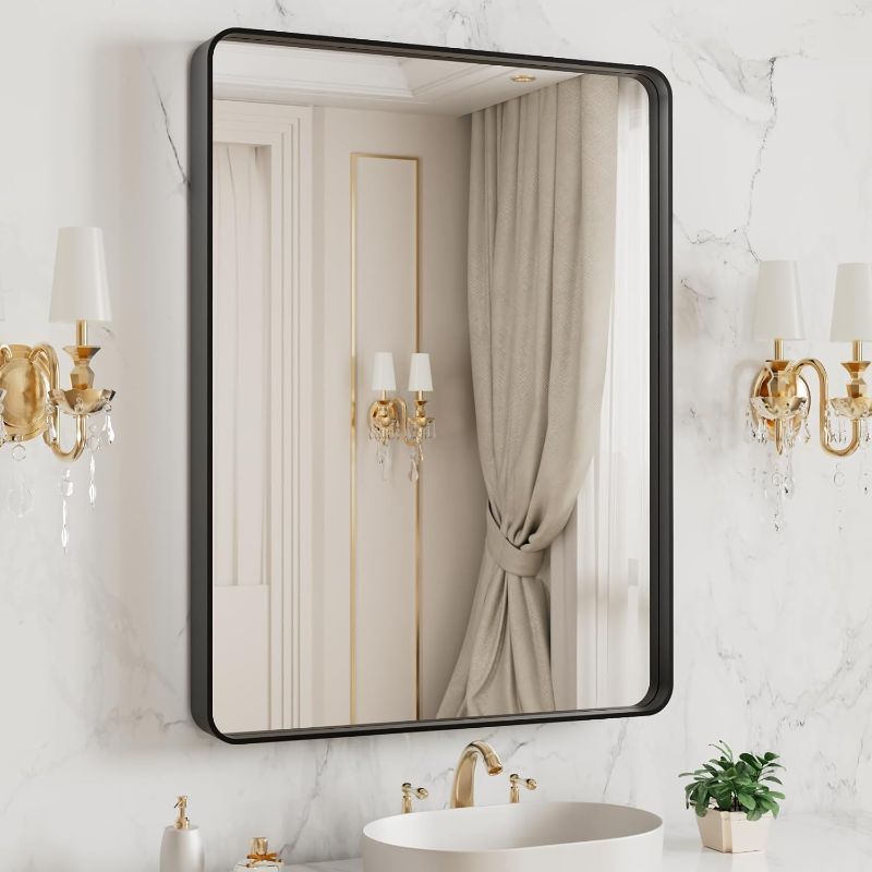 Photo 1 of LOAAO 20X16 Inch Black Metal Framed Bathroom Mirror for Wall, Matte Black Bathroom Vanity Mirror Farmhouse, Large Rounded Rectangle Mirror, Anti-Rust, Hangs Horizontally or Vertically