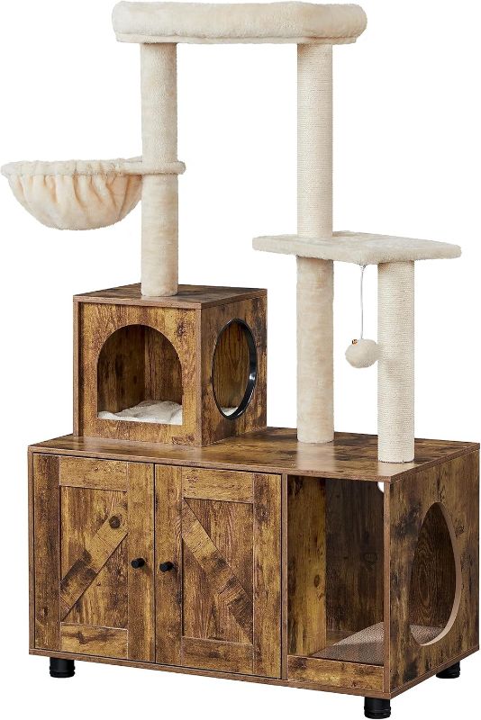 Photo 1 of Yaheetech Litter Box Enclosure with Cat Tree, All-in-one Indoor Kitten House w/Scratching Posts, Wooden Cat Litter Box Furniture w/Condo, Platform, Rustic Brown/Beige