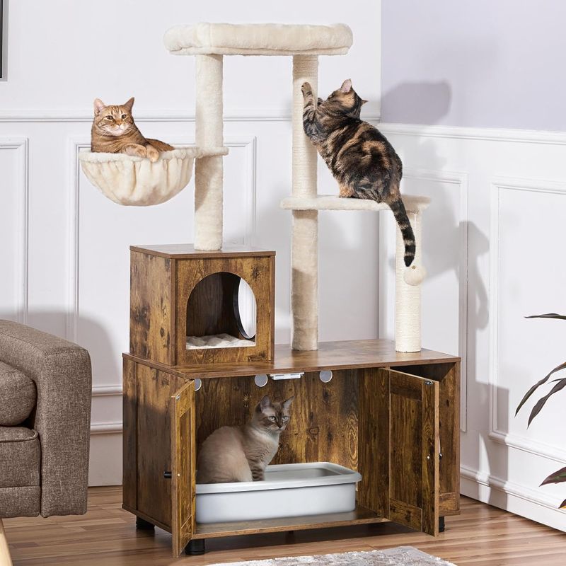 Photo 1 of Yaheetech Litter Box Enclosure with Cat Tree, All-in-one Indoor Kitten House w/Scratching Posts, Wooden Cat Litter Box Furniture w/Condo, Platform, Rustic Brown/Beige