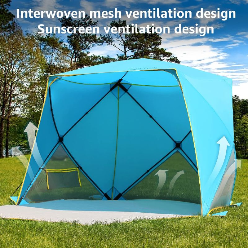 Photo 1 of Pop Up Beach Tent, Portable Shade Sun Shelter UPF50+ UV Protection for 4 Person Extendable Floor for Fishing Hiking Camping, Waterproof Windproof(Blue)