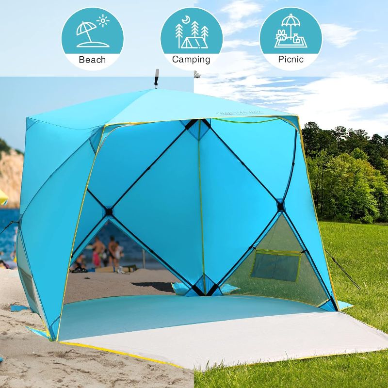 Photo 1 of Pop Up Beach Tent, Portable Shade Sun Shelter UPF50+ UV Protection for 4 Person Extendable Floor for Fishing Hiking Camping, Waterproof Windproof(Blue)