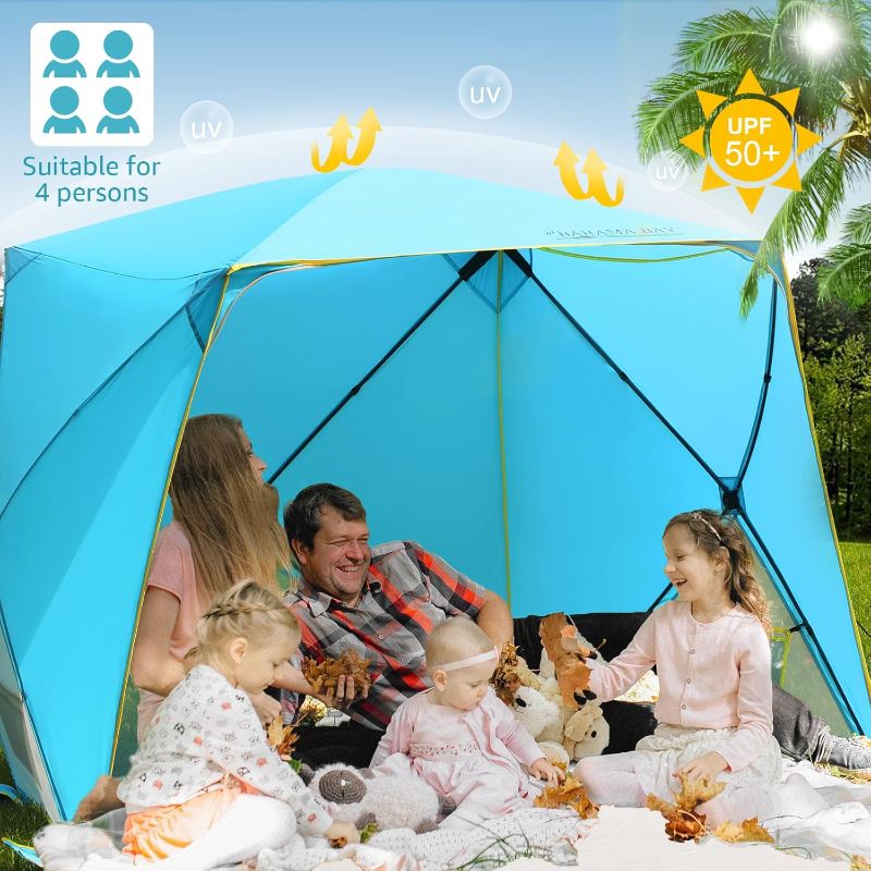 Photo 1 of Pop Up Beach Tent, Portable Shade Sun Shelter UPF50+ UV Protection for 4 Person Extendable Floor for Fishing Hiking Camping, Waterproof Windproof(Blue)