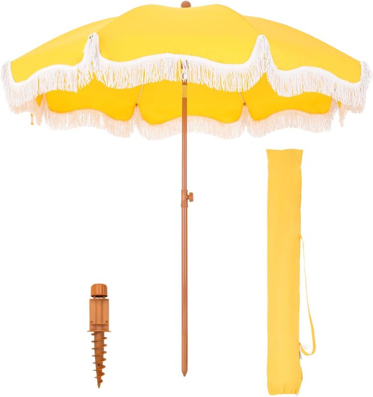 Photo 1 of GREEN PARTY 7ft Patio Umbrella with Fringe, Portable Outdoor Beach Umbrella with Sand Anchor, Carry Bag, Push Button Tilt, UPF 50+ UV Protection, Yellow