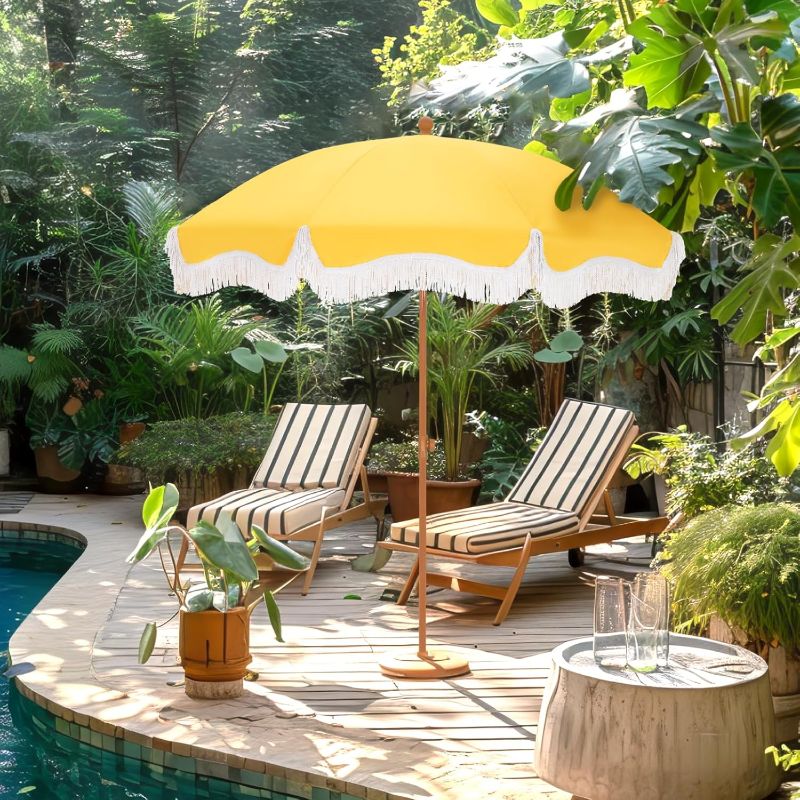 Photo 1 of GREEN PARTY 7ft Patio Umbrella with Fringe, Portable Outdoor Beach Umbrella with Sand Anchor, Carry Bag, Push Button Tilt, UPF 50+ UV Protection, Yellow