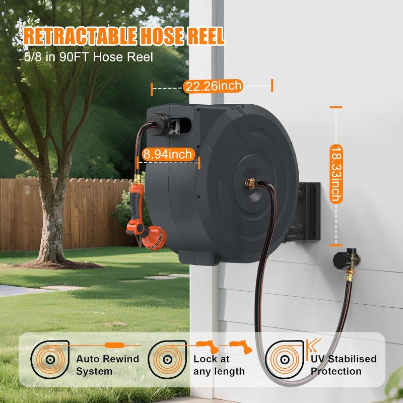 Photo 1 of NEOTEC Retractable Garden Hose Reel 5/8 inch x 90ft - Wall Mounted Heavy Duty Hose Reel with 3/4 Inch Brass Fittings & 9-Pattern Nozzle - Auto Rewind System, Any Length Lock, 180° Swivel Bracket