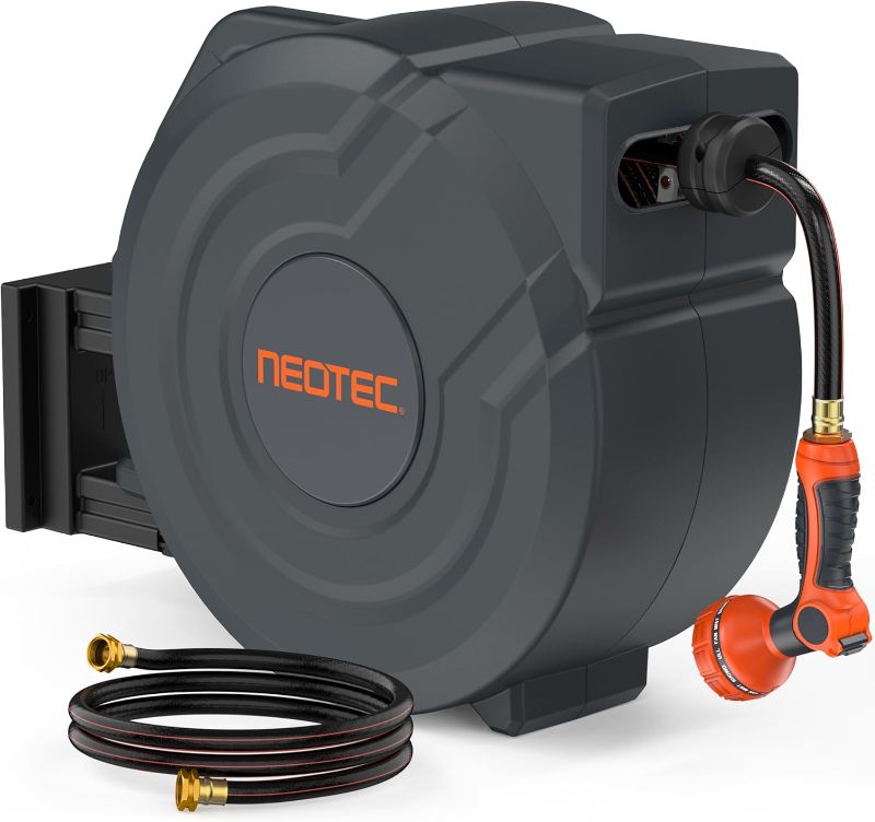 Photo 1 of NEOTEC Retractable Garden Hose Reel 5/8 inch x 90ft - Wall Mounted Heavy Duty Hose Reel with 3/4 Inch Brass Fittings & 9-Pattern Nozzle - Auto Rewind System, Any Length Lock, 180° Swivel Bracket