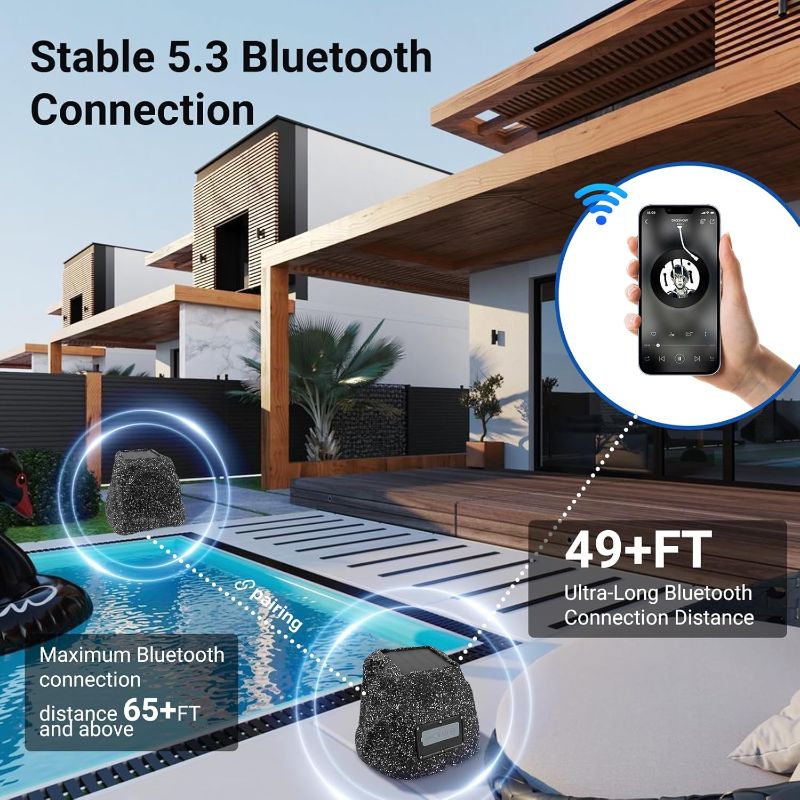 Photo 1 of Herdio 4" Rock Bluetooth Speakers Outdoor Waterproof IPX7 Wireless Solar Max 160 Watt, TWS Connection Powered with Rechargeable Battery for Garden Patio Deck Pool Backyard?Black 1Pair