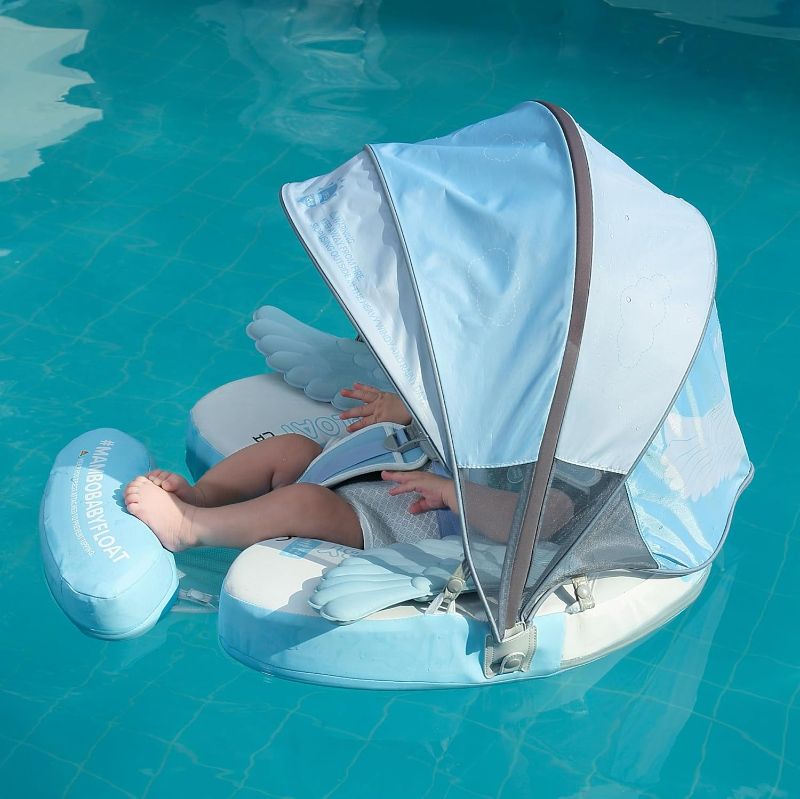 Photo 1 of Mambobaby Float Add Tail Baby Swim Float with Canopy Solid Pool Infant Swim Trainer Swimming Training Lying Air Free Water Floats Non-Inflatable Waist Swim Ring for Toddlers (Angel)