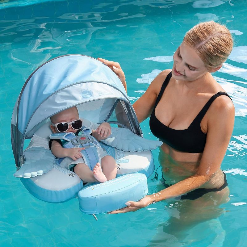 Photo 1 of Mambobaby Float Add Tail Baby Swim Float with Canopy Solid Pool Infant Swim Trainer Swimming Training Lying Air Free Water Floats Non-Inflatable Waist Swim Ring for Toddlers (Angel)