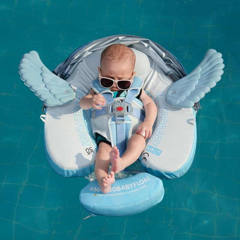 Photo 1 of Mambobaby Float Add Tail Baby Swim Float with Canopy Solid Pool Infant Swim Trainer Swimming Training Lying Air Free Water Floats Non-Inflatable Waist Swim Ring for Toddlers (Angel)