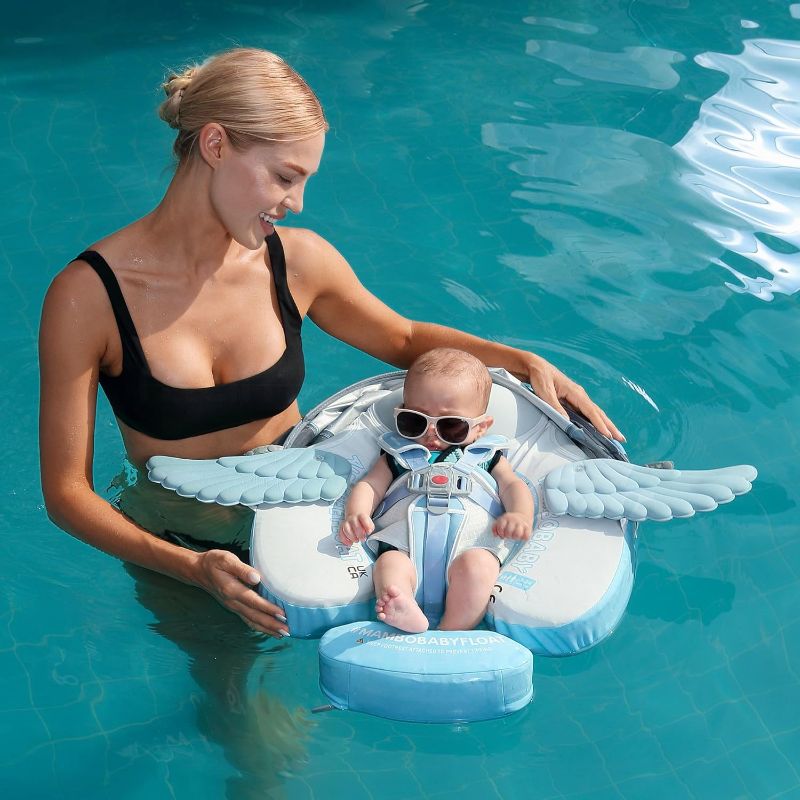 Photo 1 of Mambobaby Float Add Tail Baby Swim Float with Canopy Solid Pool Infant Swim Trainer Swimming Training Lying Air Free Water Floats Non-Inflatable Waist Swim Ring for Toddlers (Angel)