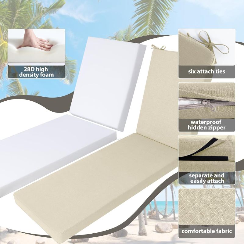 Photo 1 of  Outdoor Lounge Chair Cushion 72x21x3 in Rainproof Color Fade-Resistant & Removable Cover Patio Chaise Lounge Cushion with High Resilience Insert Straps Hidden Zipper for Pool Lounge Chairs