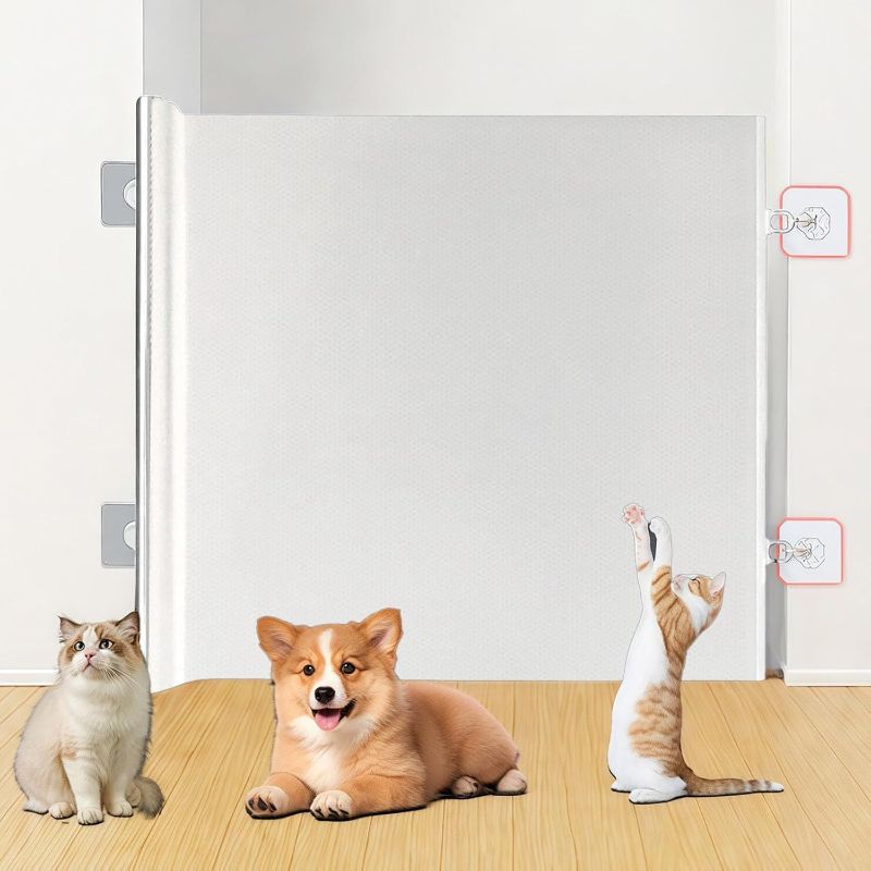 Photo 1 of Retractable Gate, Retractable Dog Gate, Extendable Barrier, Without Drilling, Safety Dog Playpen, Portable Pet Fence for Stairs, Bedroom Doors and Corridors (White, 43.31 * 30.71in)