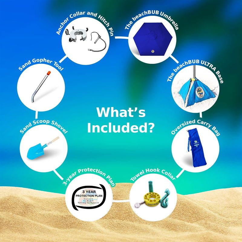 Photo 1 of ALL-IN-ONE BEACH UMBRELLA SYSTEM. Includes ULTRA Base (compliant with the ASTM F3681-24 Beach Umbrella Safety Standard). (Deep Ocean Blue)