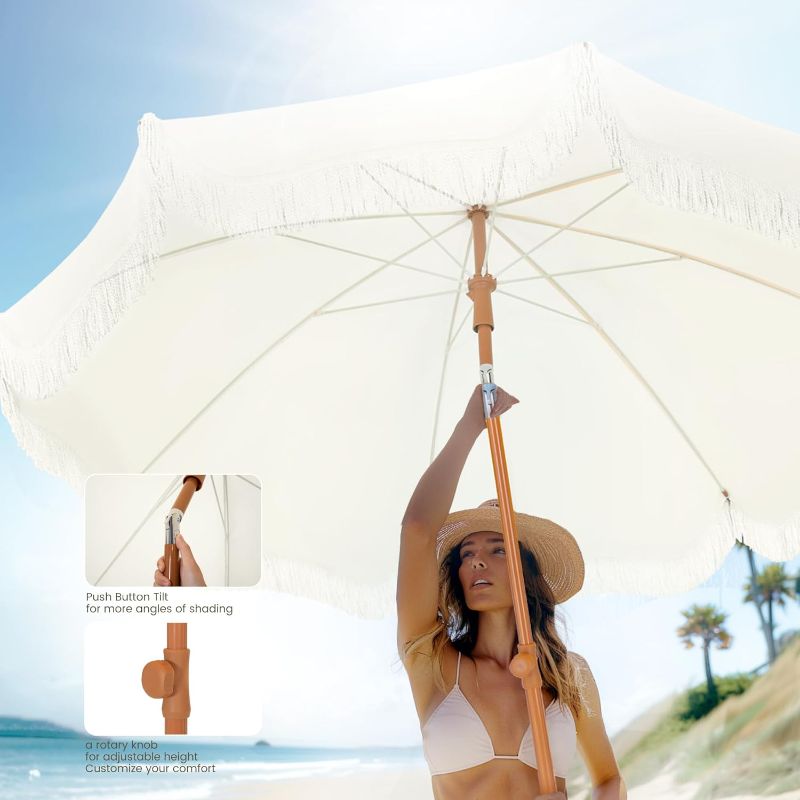 Photo 1 of PHI VILLA 7ft Beach Umbrella with Fringe & Sand Anchor, Outdoor Patio Heavy Duty Windproof Portable Tassel Umbrellas for Sand with Push Button Tilt & Carrying Bag, UPF 50+, White(No Base