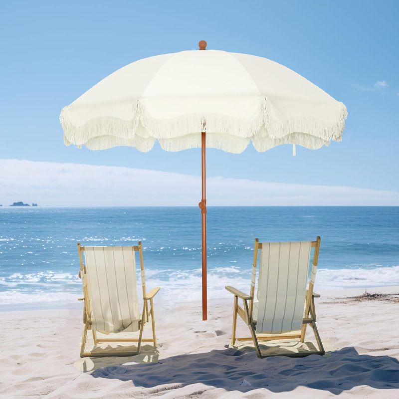 Photo 1 of PHI VILLA 7ft Beach Umbrella with Fringe & Sand Anchor, Outdoor Patio Heavy Duty Windproof Portable Tassel Umbrellas for Sand with Push Button Tilt & Carrying Bag, UPF 50+, White(No Base