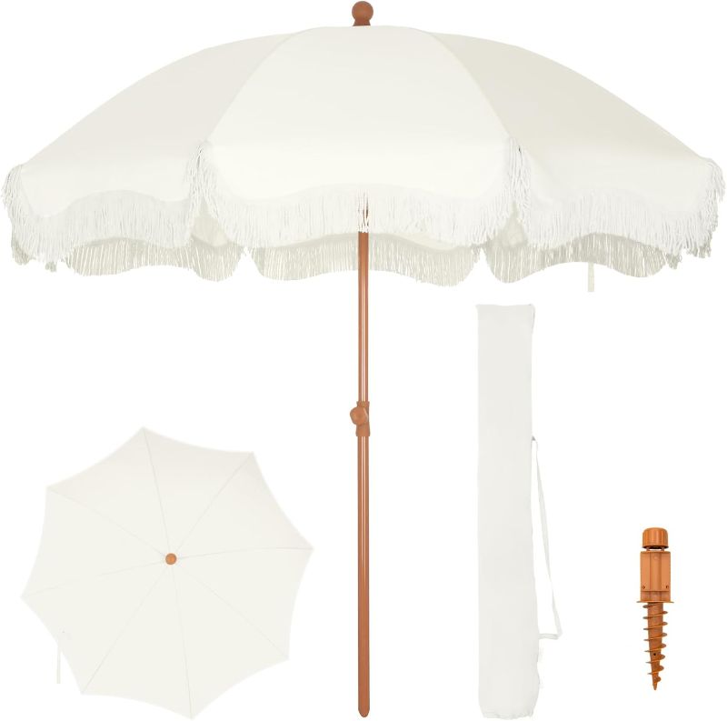Photo 1 of PHI VILLA 7ft Beach Umbrella with Fringe & Sand Anchor, Outdoor Patio Heavy Duty Windproof Portable Tassel Umbrellas for Sand with Push Button Tilt & Carrying Bag, UPF 50+, White(No Base