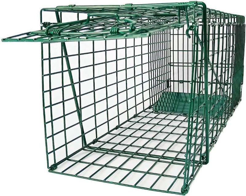 Photo 1 of Collapsible Humane Live Animal Cage Trap No-Kill Trapping Kit for Humane Catch Release Rabbits, Stray Cat, Squirrel, Raccoon, All Fit Sized Animals, Heavy Duty, 2-Door 26" x 9.5" x 10.2", Hidden Green