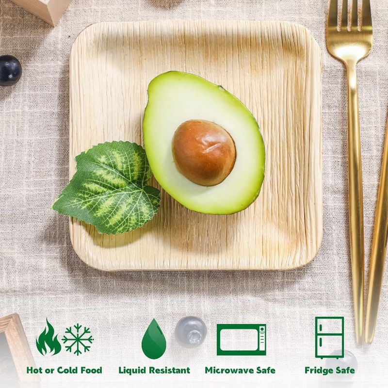 Photo 1 of 150 Pieces Palm Leaf Square Bamboo Plates Disposable Wood Dinnerware Set Leaf Plates for Weddings Catering Events Birthday Summer Party(6 Inch)