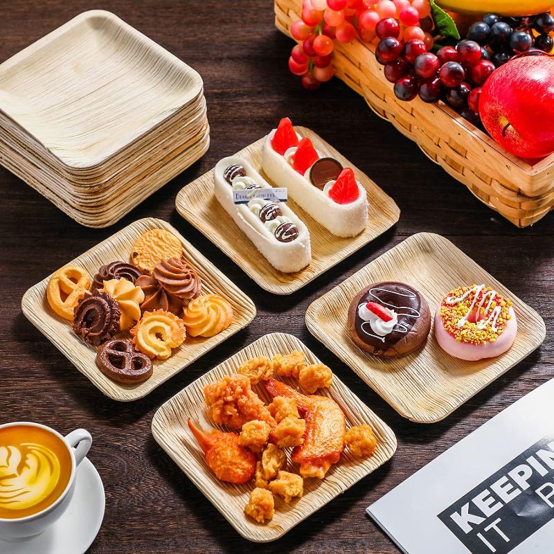 Photo 1 of 150 Pieces Palm Leaf Square Bamboo Plates Disposable Wood Dinnerware Set Leaf Plates for Weddings Catering Events Birthday Summer Party(6 Inch)