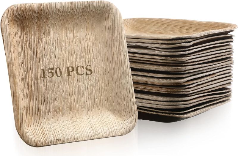 Photo 1 of 150 Pieces Palm Leaf Square Bamboo Plates Disposable Wood Dinnerware Set Leaf Plates for Weddings Catering Events Birthday Summer Party(6 Inch)