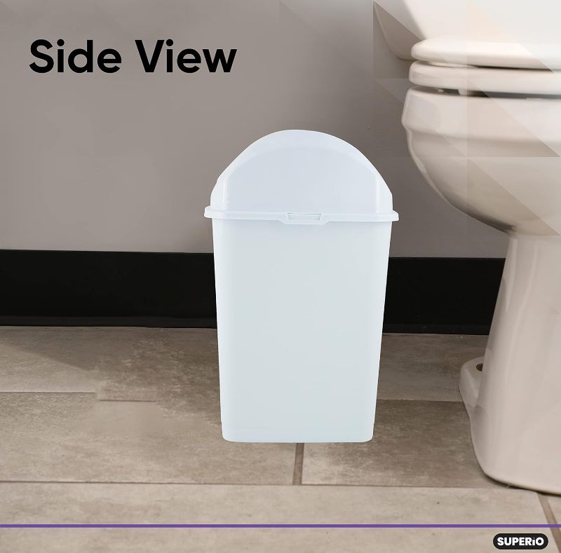 Photo 1 of Superio Small 2.5 Gallon Plastic Trash Can with Swing Top Lid, Compact Slim Waste Bin for Under Desk, Office, Bedroom, Bathroom, Dorm Room, 10 Qt. Portable Garbage Can (White)
Visit the Superio Store
4.0 4.0 out of 5 stars   (1,533) | Search this page