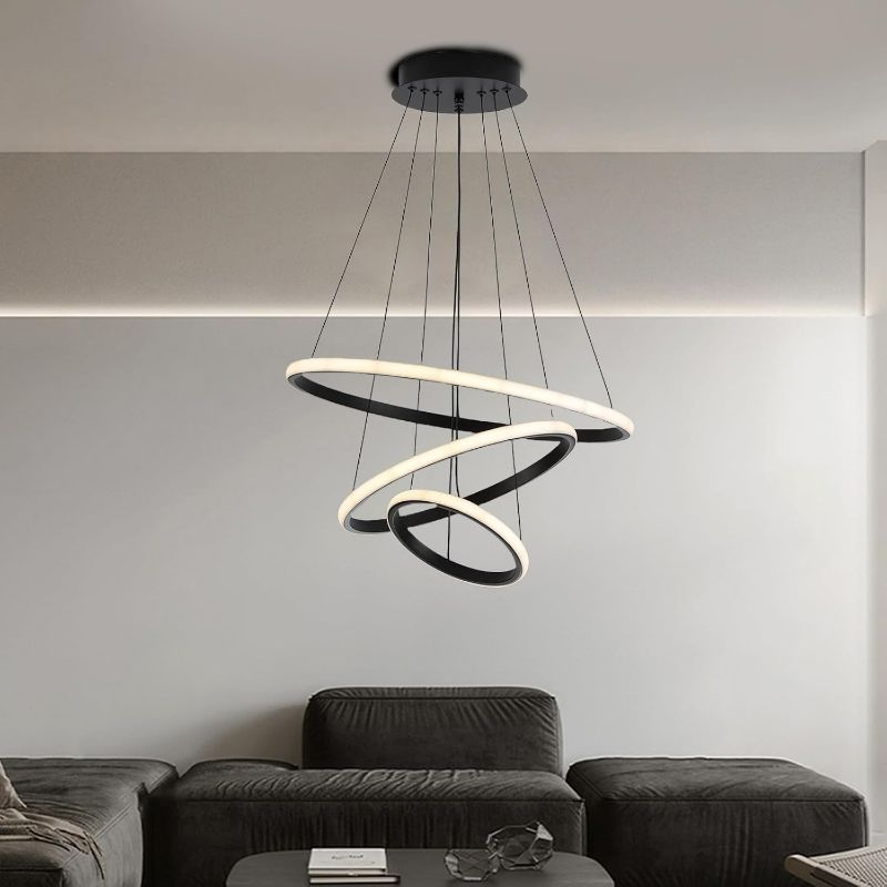 Photo 1 of Rings Modern LED Chandelier Black Dimmable LED Pendant Light with Remote Control Circular High Ceiling Light for Dining Room Living Room Bedroom