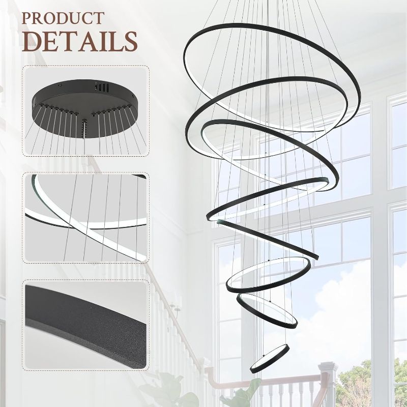 Photo 1 of Modern LED Chandelier 8 Rings Dimmable Black High Ceiling Chandelier Foyer, Large LED Contemporary Pendant Lighting for Staircase Entryway Living Room, D35’’ 3000K-6500K