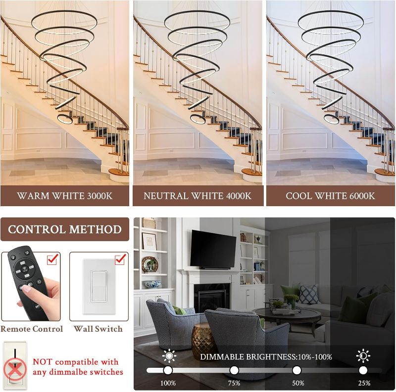 Photo 1 of Modern LED Chandelier 8 Rings Dimmable Black High Ceiling Chandelier Foyer, Large LED Contemporary Pendant Lighting for Staircase Entryway Living Room, D35’’ 3000K-6500K