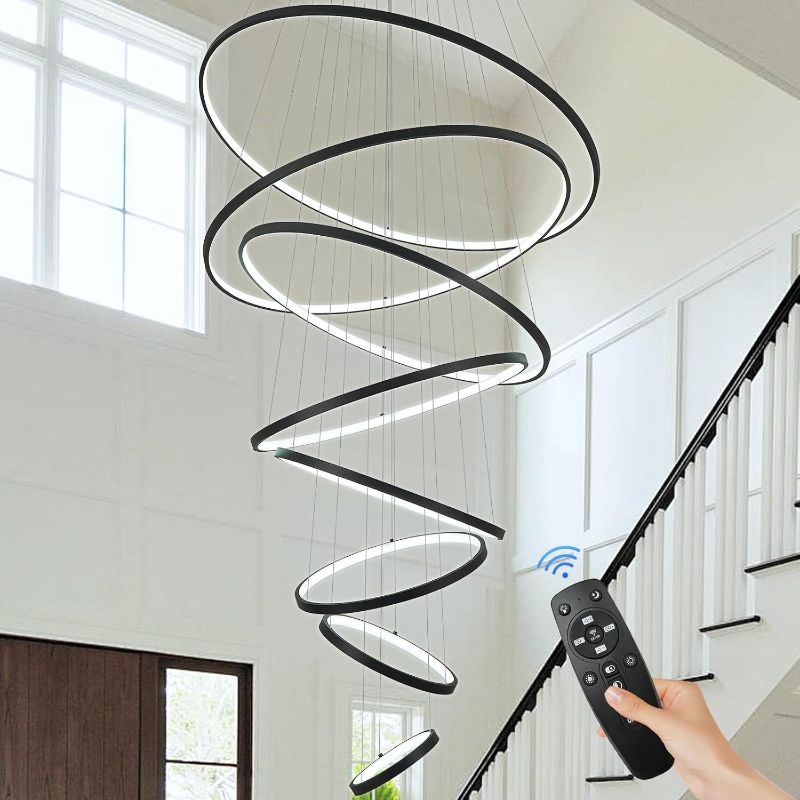 Photo 1 of Modern LED Chandelier 8 Rings Dimmable Black High Ceiling Chandelier Foyer, Large LED Contemporary Pendant Lighting for Staircase Entryway Living Room, D35’’ 3000K-6500K