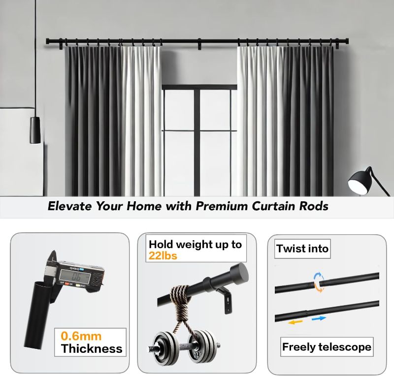Photo 1 of Modern Curtain Rods for Windows 18 to 88 inches, 1 Inch Metal Drapery Rods, Adjustable Heavy Duty Long Single Curtain Pole for Living Room Bedroom